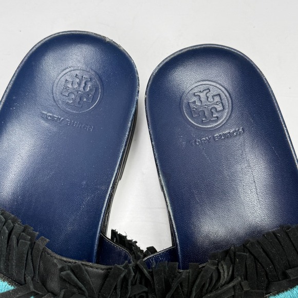 Tory Burch Isle Slide Sandals Embellished Fringe Black Leather Size 6.5M - Picture 4 of 6